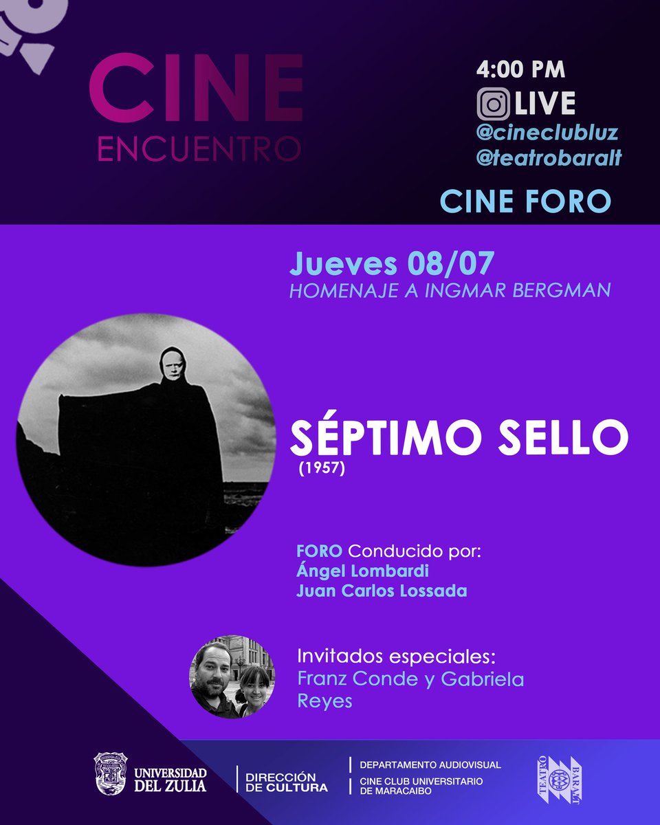 #CineEncuentro
Continuando con el ciclo de cine en homenaje a Ingmar BERGMAN, este jueves, a las #4pm con la película "Séptimo Sello" a través de Instagram live de <a href="/CineClubLUZ/">CineClubLUZ</a> 
<a href="/angellombardi/">Ángel Lombardi</a> <a href="/Lossadajuan/">Juan Carlos Lossada</a> <a href="/filmanalisis/">PsicoFilmAnálisis</a>