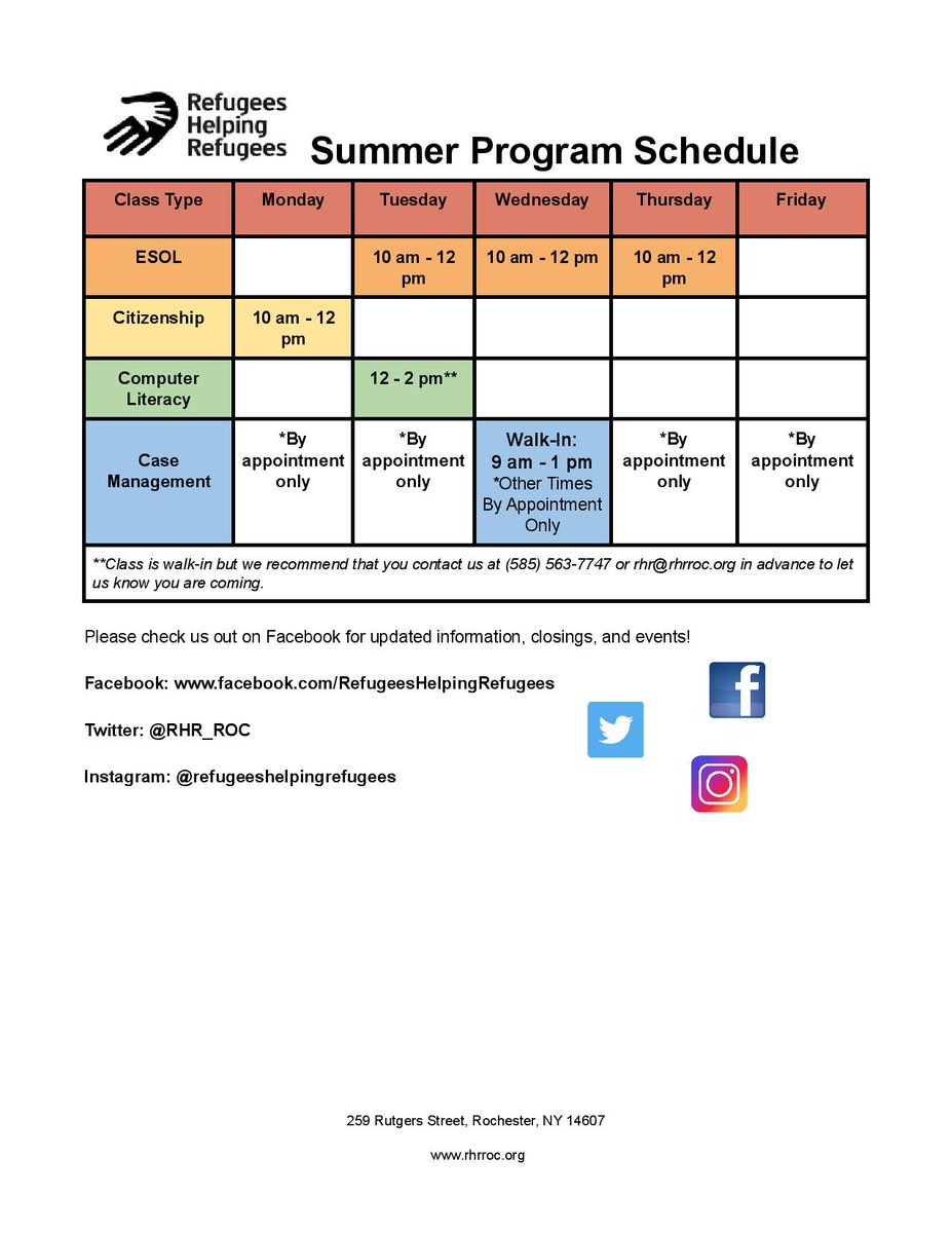 And we’re back in action for the summer! Check out our Summer Program Schedule! We have #ESOL Class on Tues, Wed, Thu from 10am to 12pm and #Citizenship Class on Mon from 10 am to 12 pm! For any questions, please contact us at rhr@rhrroc.org or 585-563-7747.