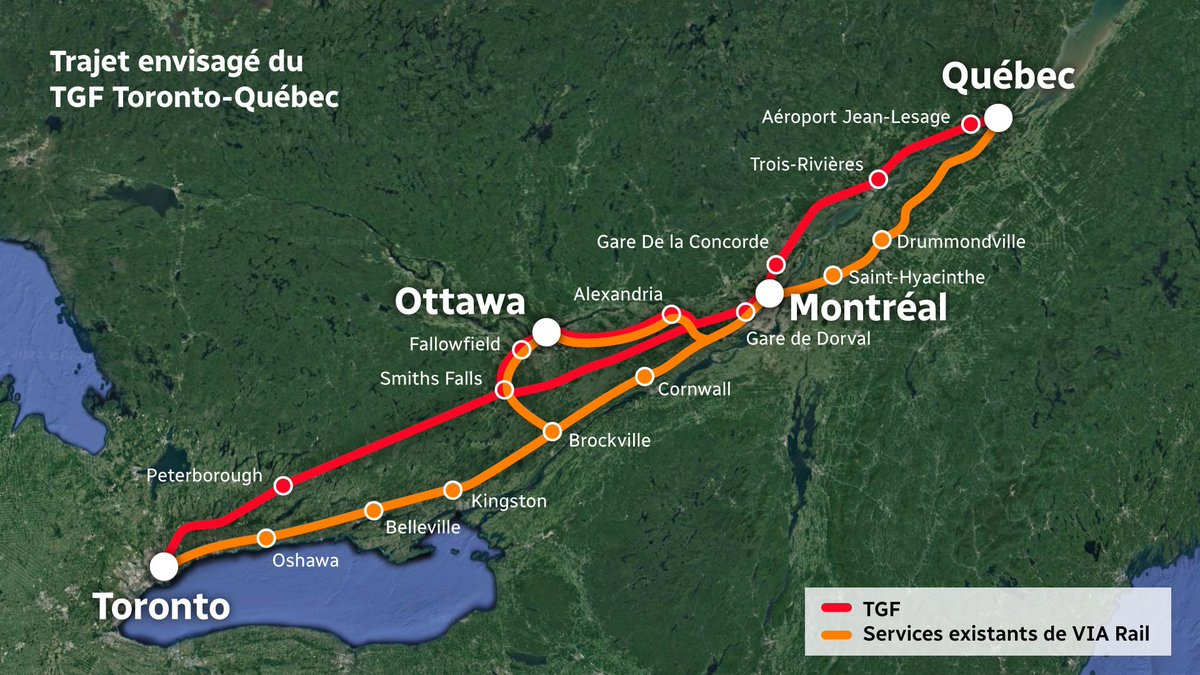 CanadaForVIA's tweet photo. Noticed that a @RadioCanadaInfo article has a map with a direct High Frequency Rail link to Montreal from Smiths Falls. Is this now part of the project too? Would love to see an updated project map. @OmarAlghabra @AllisonStJ https://t.co/8JS2USaw8U https://t.co/R0kW37nDCA