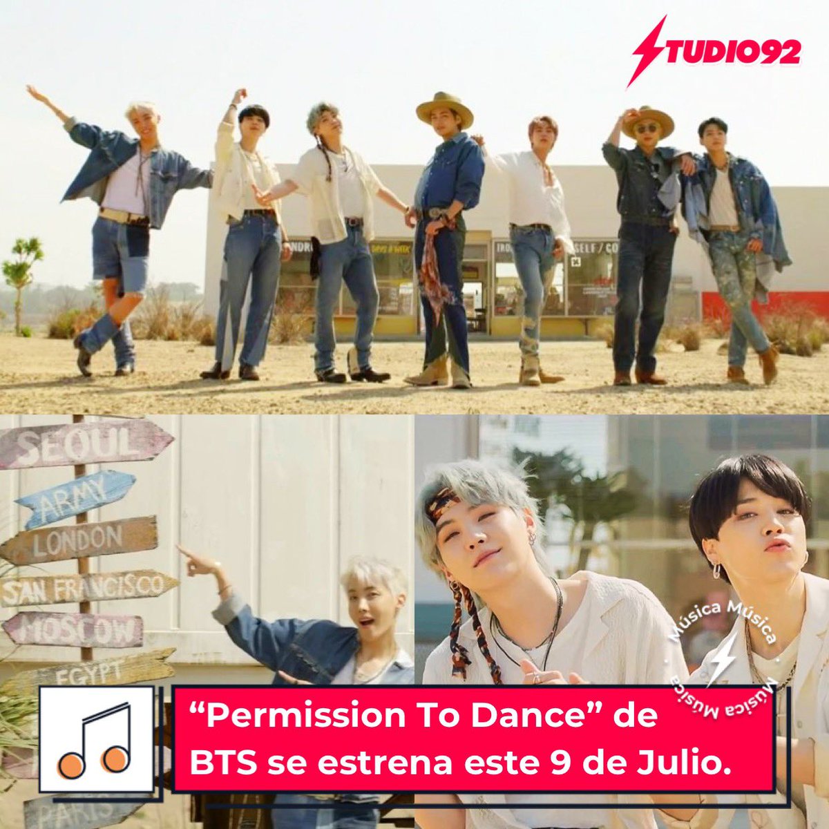 Studio92's tweet photo. #BTS lanzó un adelanto de #PermissionToDance videoclip que se estrenará este 9 de Julio en Corea del Sur, pero en Latinoamérica estará disponible el 8 de Julio a la 11PM hora peruana 🇵🇪 Confirmen si están emocionados y emocionadas por esta nueva canción 💜 https://t.co/JPwClNzw0Y