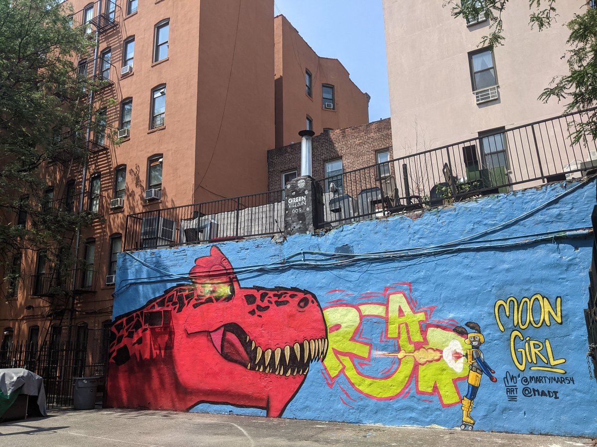 Moon Girl and Devil Dinosaur mural! Saw this street art on a walk up Eldridge Street. 'Life Size,' I'd say... that wall is about 15' x 40'. Lower East Side. Lunella Lafayette's stomping grounds...