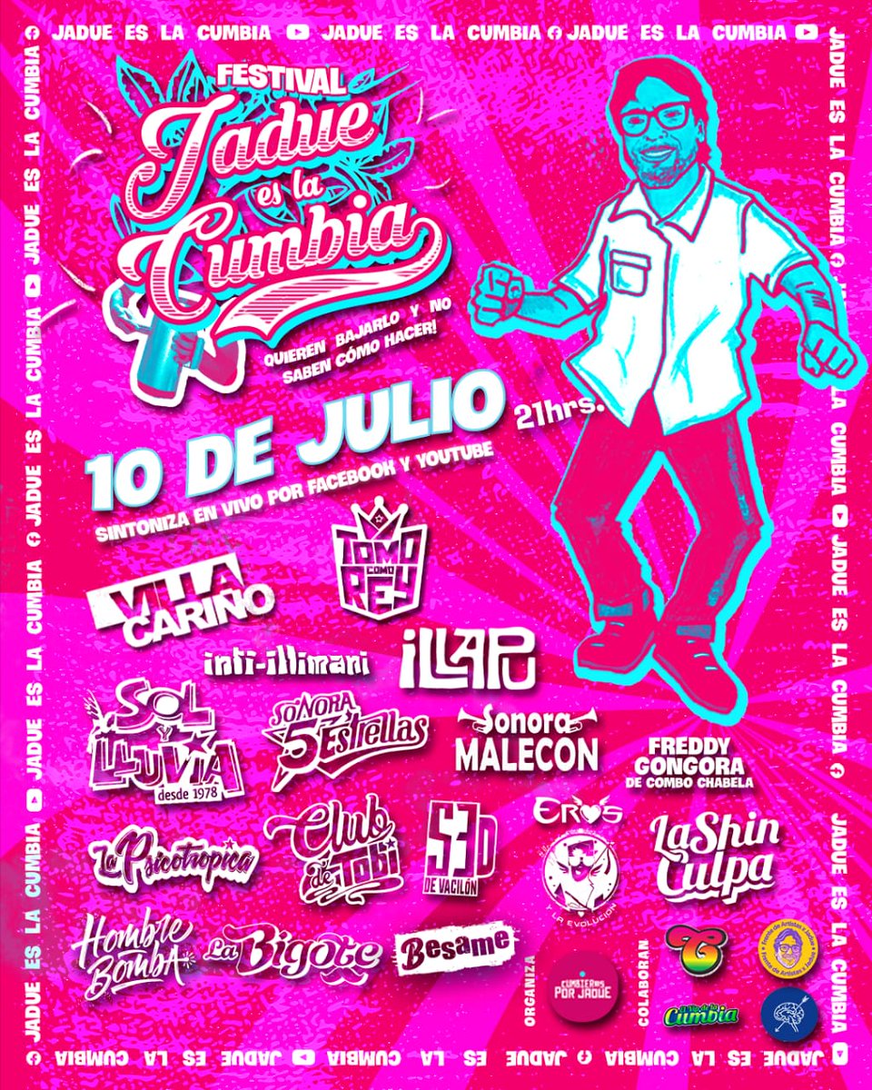 danieljadue's tweet photo. Este sábado 10 de julio, a las 21hrs, no se pueden perder esta alegre fiesta de la cumbia que reune a destacadas bandas y artistas nacionales, que apoyan nuestra candidatura en las primarias del 18 de julio. 
Transmite https://t.co/JgpcVsPT7M y el @El_Ciudadano
#JadueEsLaCumbia! https://t.co/6QPwXj8xLk