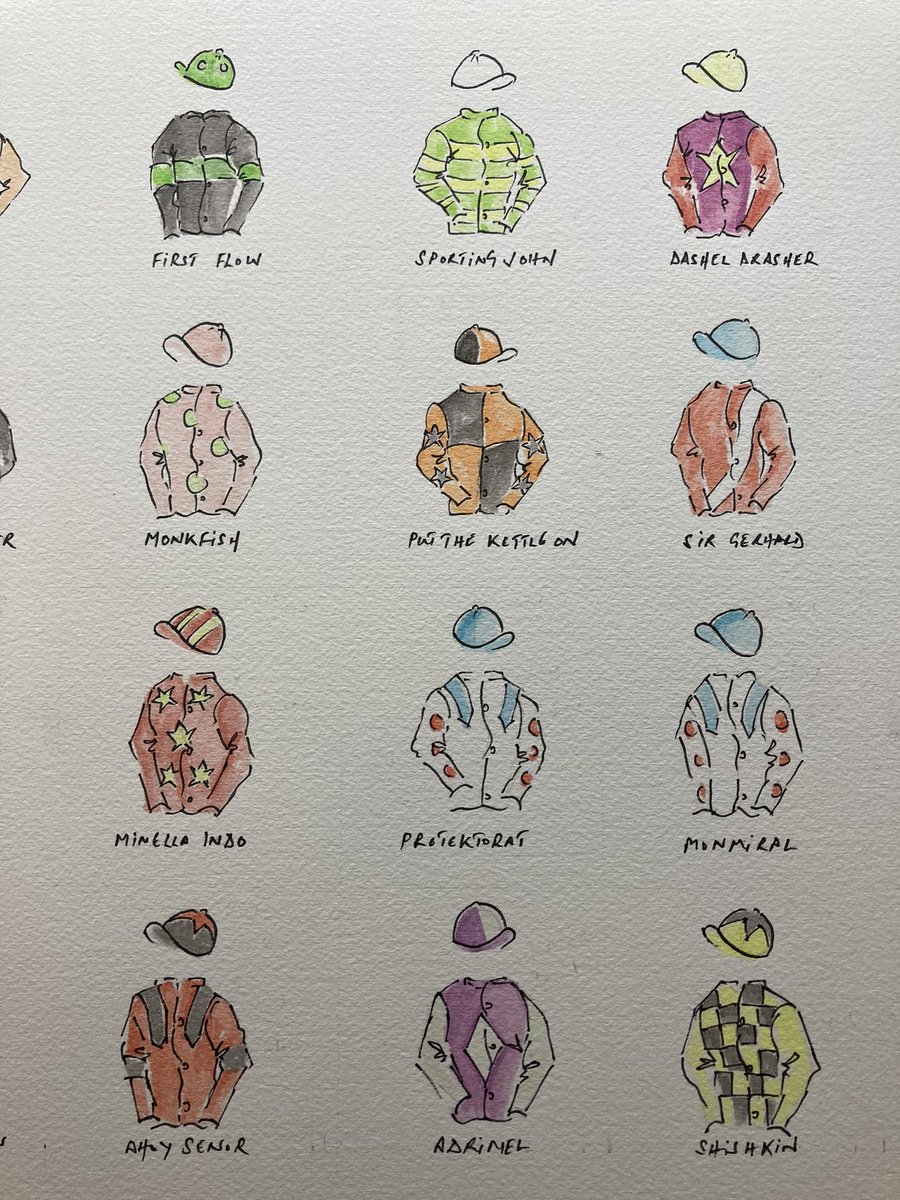 JRFArmstrong's tweet photo. Last seasons #NH #Grade1winners - toying with a print run if perhaps Twitter could advise on whether it’s a good idea…RT &amp; shares appreciated ! #racingart #racingcolours #jockeyssilks https://t.co/shHXTTmnwO