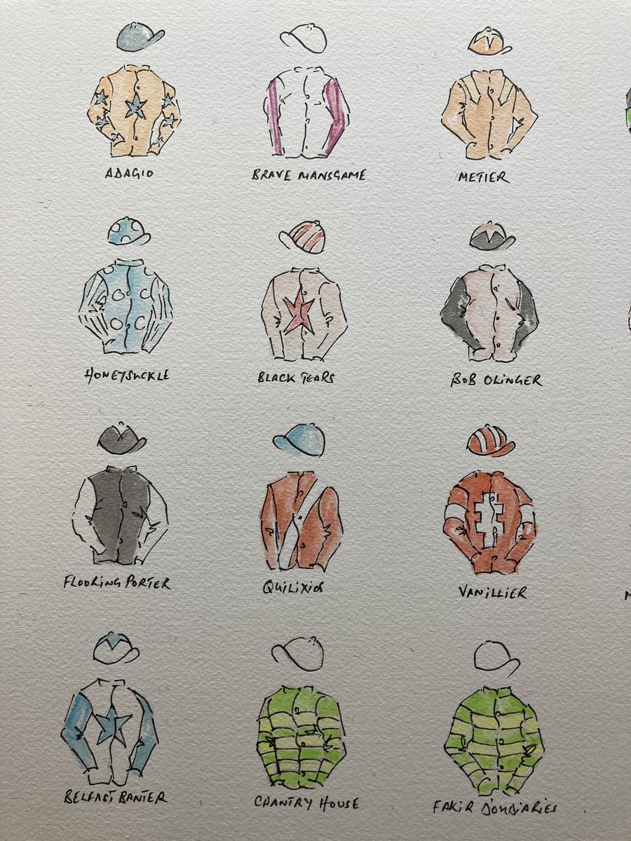 JRFArmstrong's tweet photo. Last seasons #NH #Grade1winners - toying with a print run if perhaps Twitter could advise on whether it’s a good idea…RT &amp; shares appreciated ! #racingart #racingcolours #jockeyssilks https://t.co/shHXTTmnwO