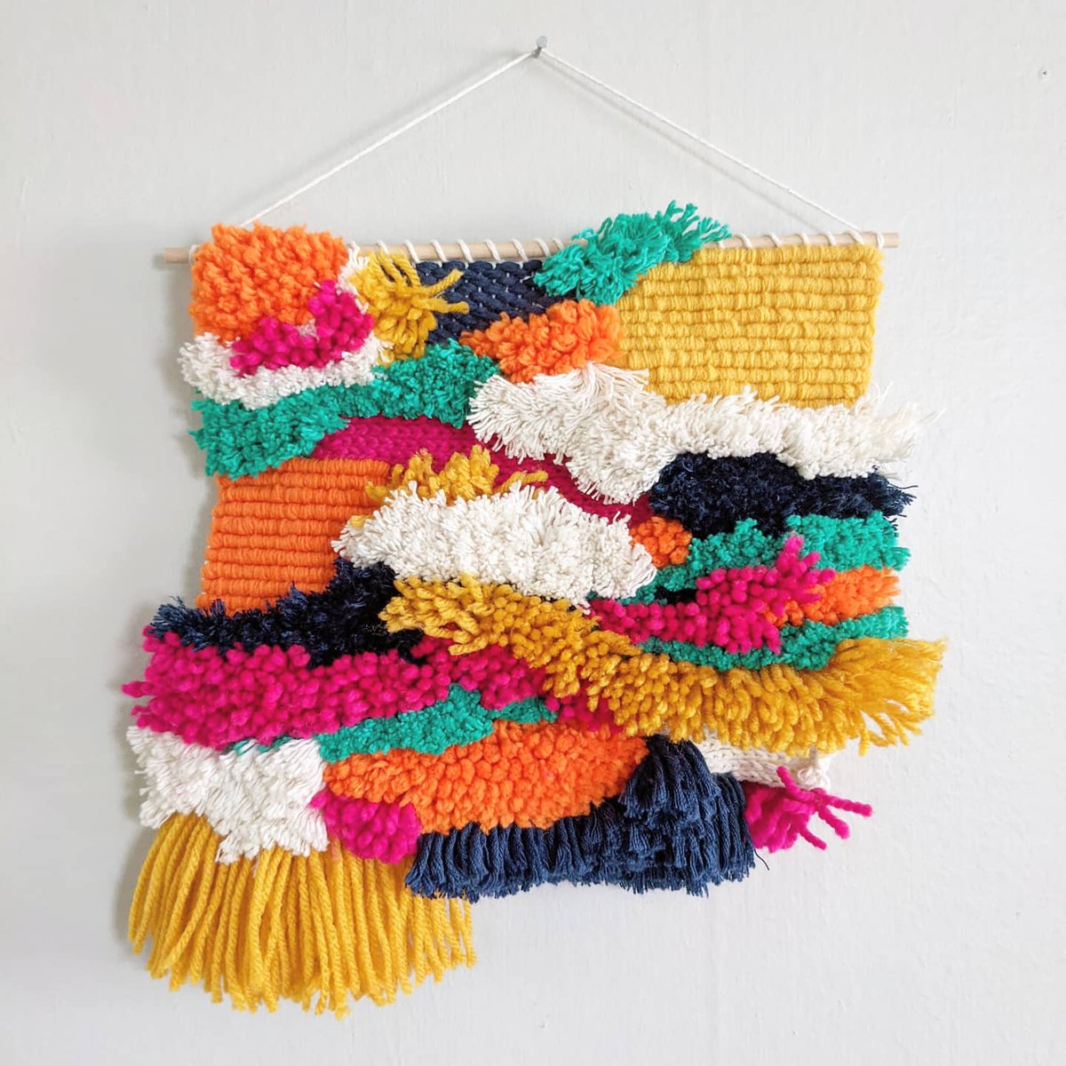 This was supposed to be all latch hook but I don't know how to limit myself and instead it's latch hook, locker hook, crochet, and weaving 😬