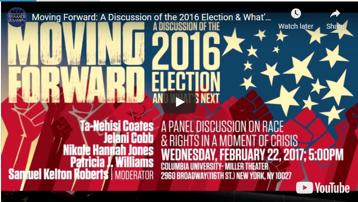 With the news of <a href="/nhannahjones/">Ida Bae Wells</a> and #TaNehisiCoates joining the faculty at <a href="/HowardU/">Howard University</a>, we're watching the recording of the post-2016 election panel, MOVING FORWARD, with <a href="/Columbia/">Columbia University</a> faculty <a href="/jelani9/">jelani cobb</a>, Patricia J. Williams and Samuel Roberts. <a href="/IRAASColumbiaU/">AAADS_IRAAS_ColumbiaU</a> buff.ly/3hD8cEo