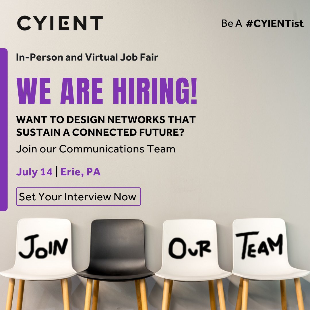 Cyient's tweet photo. Our #Communications Team is looking for #Cyientists that want to sustain a connected #future in a friendly and diverse environment. Set your career on the right path and join the @Cyient team today! Register here: https://t.co/aBGMPTry65
#Hiring #Hiringnow #jobfair #opentowork https://t.co/3NbyvtpTpI
