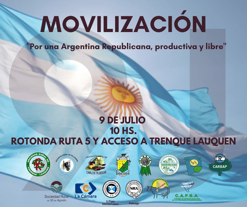 laruraltl's tweet photo. "Por una Argentina Republicana, productiva y libre"

Adherimos y convocamos al #9J 

📍Rotonda Ruta 5 y Acc. a Trenque Lauquen.
⏰ 10 hs.

🇦🇷🇦🇷🇦🇷🇦🇷🇦🇷🇦🇷🇦🇷🇦🇷🇦🇷🇦🇷🇦🇷🇦🇷🇦🇷 https://t.co/ymrsmKkk4j