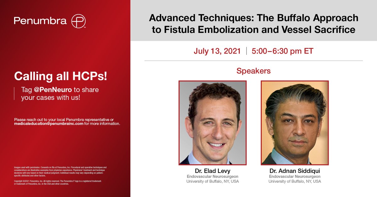 EMEA HCPs: We are excited to partner with <a href="/EladLevyMD/">Elad Levy</a> and <a href="/_AdnanSiddiqui/">Adnan H. Siddiqui, MD</a> for an educational webinar on July 13th at 11pm CET. They’ll review and discuss techniques for addressing complex #CCF and #VesselSac. Message us to register or email medicaleducation@penumbrainc.com