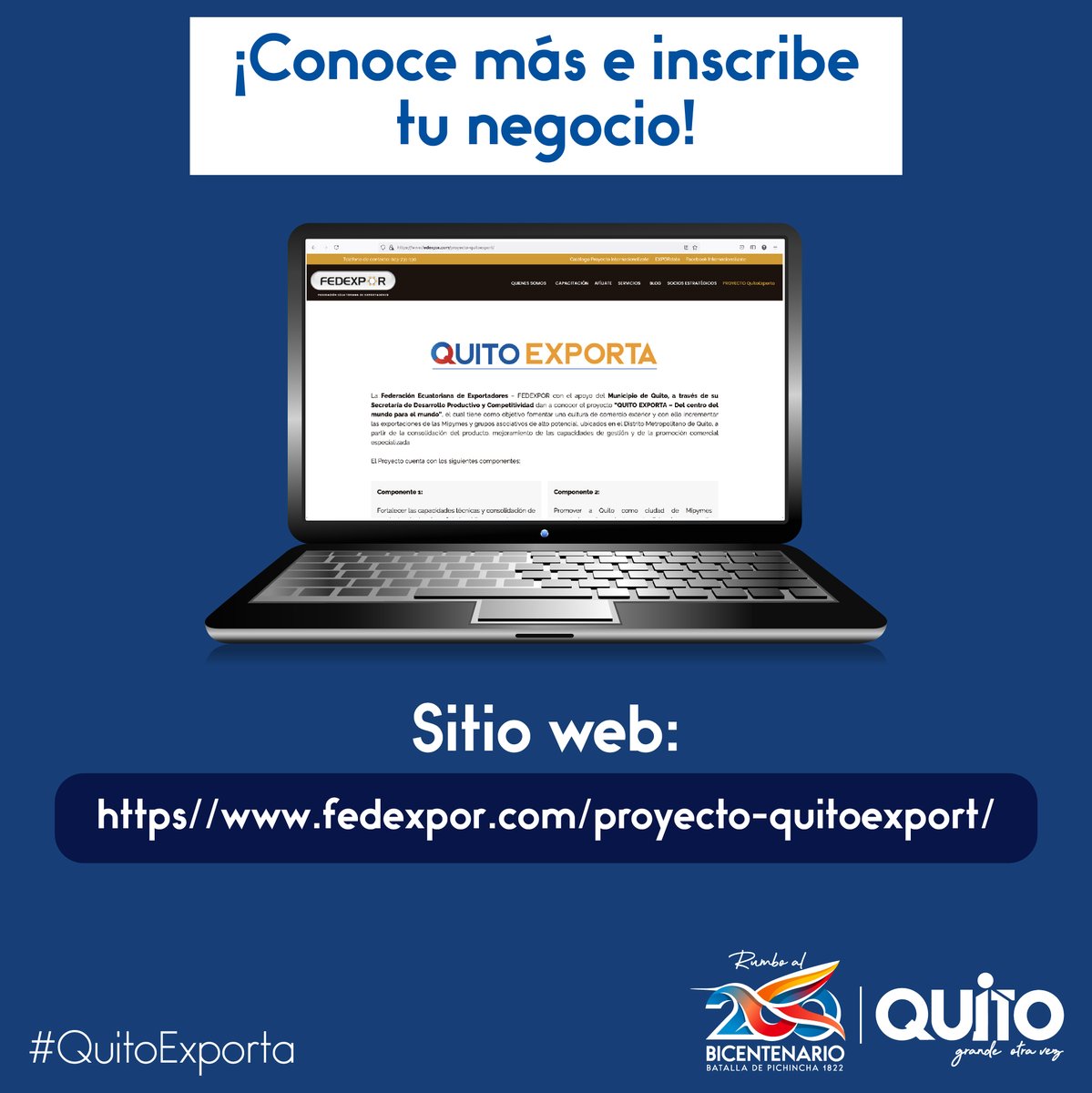 Como máximo aliado de las mipymes de la ciudad, el <a href="/MunicipioQuito/">Municipio de Quito</a>, en alianza con <a href="/Fedexpor/">FEDEXPOR</a>, quiere ayuudarte a llevar los productos de tu negocio a mercados internacionales.

✅Inscríbete en #QuitoExporta👉 bit.ly/2SZEFfI
#QuitoSeReactiva