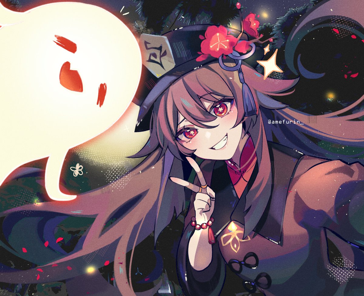 hu tao (genshin impact) 1girl ghost smile hat jewelry red eyes brown hair  illustration images