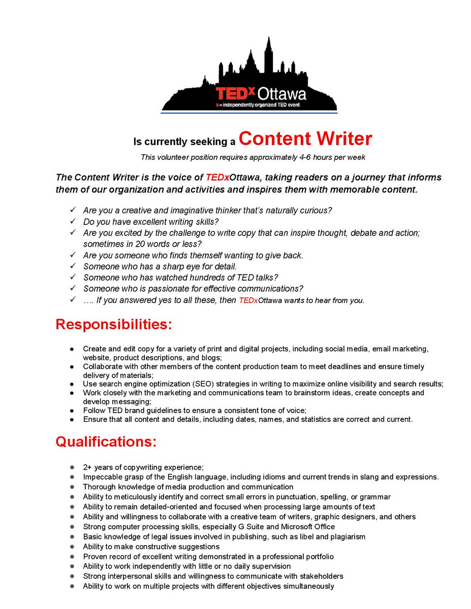 We're looking for a Content Writer to join the TEDxOttawa team! 

If you or someone you know would be interested, please see the posting!

tedxottawa.ca

#Ottawa