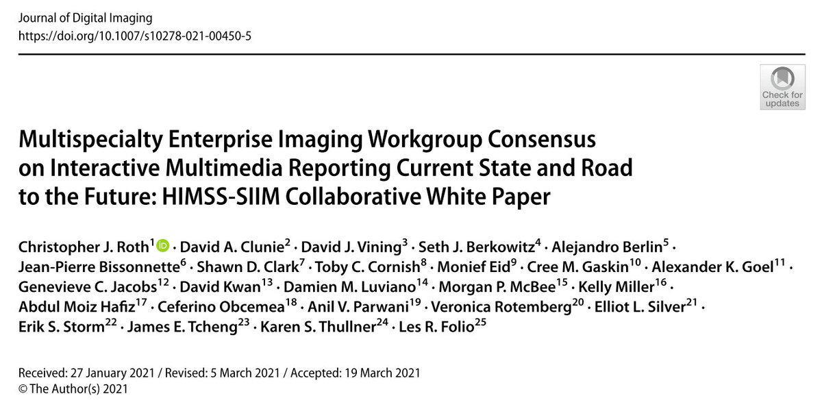 1/ An excellent white paper by the @HIMSS & @SIIM_Tweets on interactive multimedia reporting. 

#OpenAccess #radiology #cardiology #pathology #endoscopy #radiationoncology #dermatology #ophthalmology #PhysicalMedicineandRehabilitation #theJDI
link.springer.com/article/10.100…