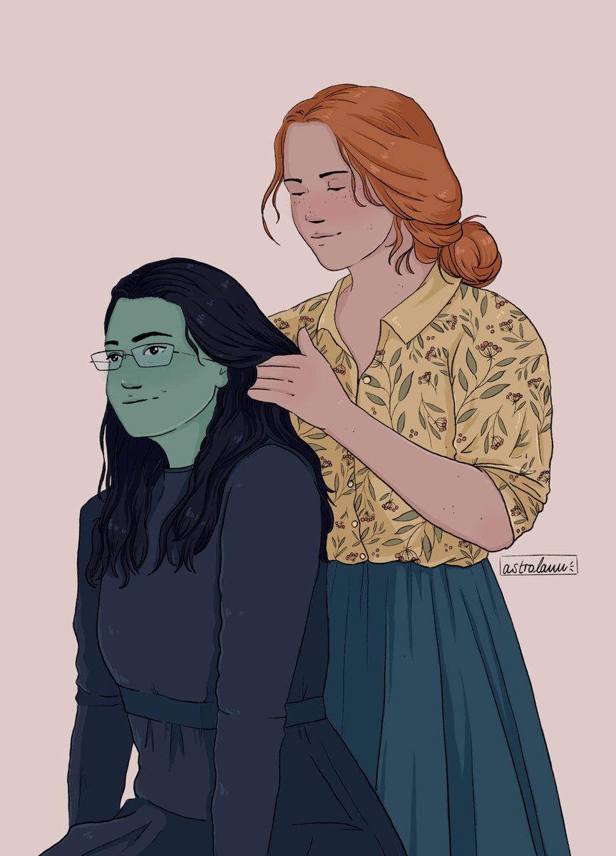 faesflower's tweet image. Beautiful fanart commission by @astrolauu from #ThreadsOfTruth! I love this scene of Villy doing Elphaba’s hair for the Ozdust party!