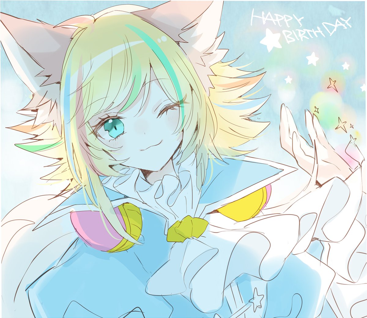 animal ears one eye closed 1boy male focus blonde hair solo green hair  illustration images