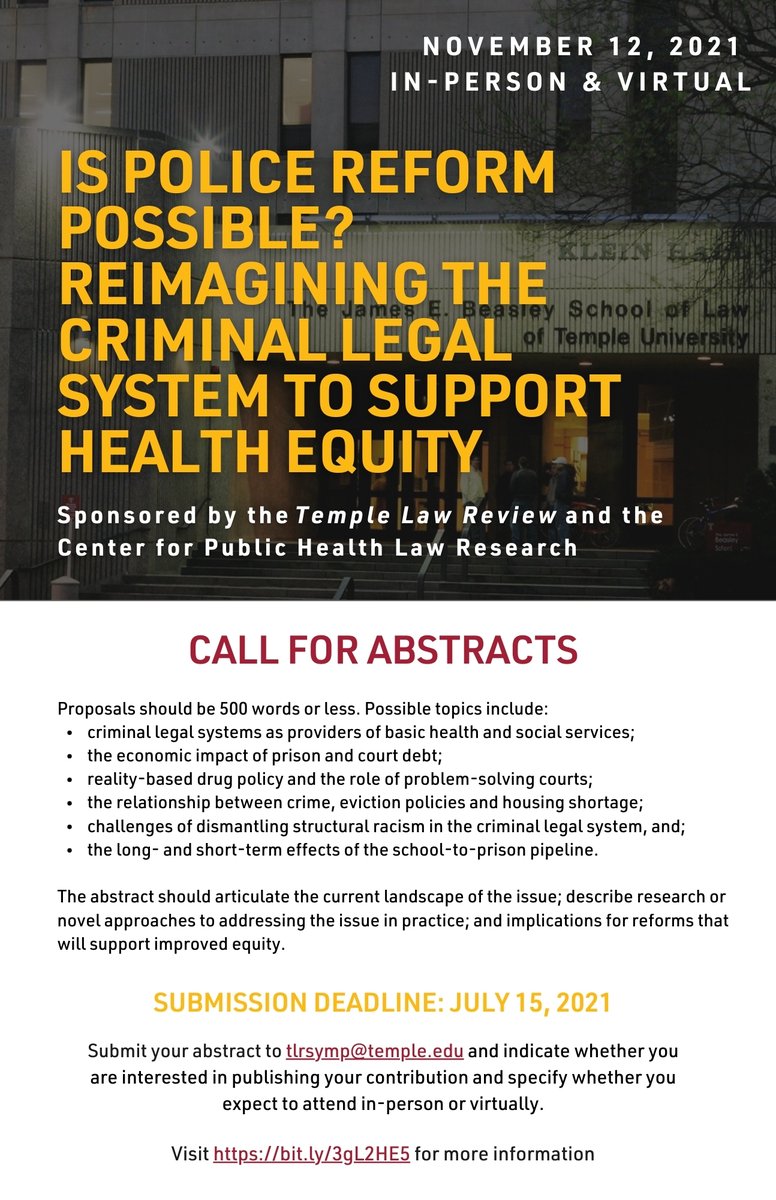 The call for proposals for the TLR Vol.94 Symposium has gone out! Register here: bit.ly/3gL2HE5

<a href="/TempleLaw/">Temple Law School</a> <a href="/PHLR_Temple/">PublicHealthLawRsrch</a>