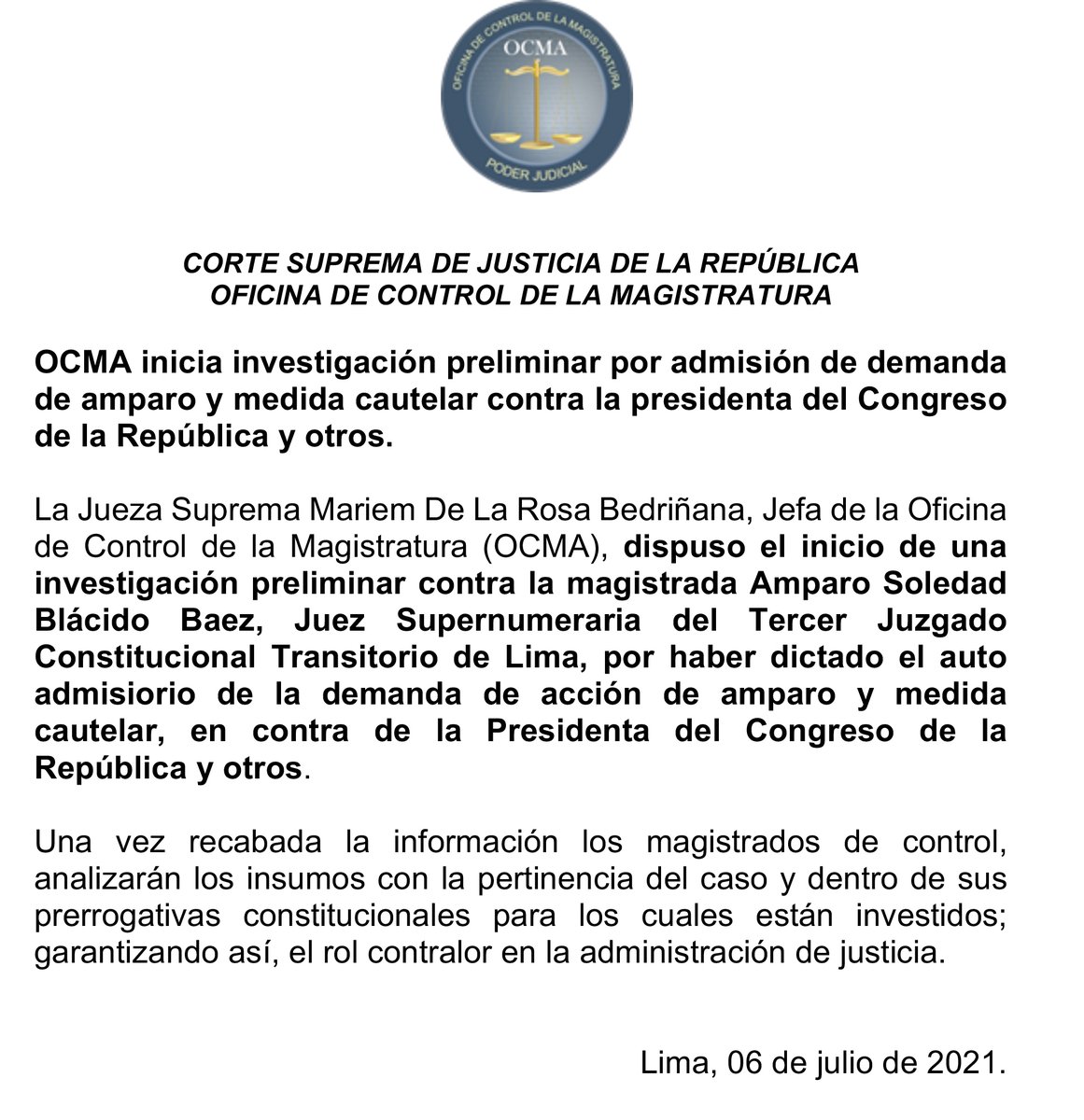 ANC_PJ_Oficial's tweet photo. #LOULTIMO OCMA inicia investigación preliminar por admisión de demanda de amparo y medida cautelar contra la presidenta del Congreso de la República y otros. https://t.co/MUMNpcbTqX