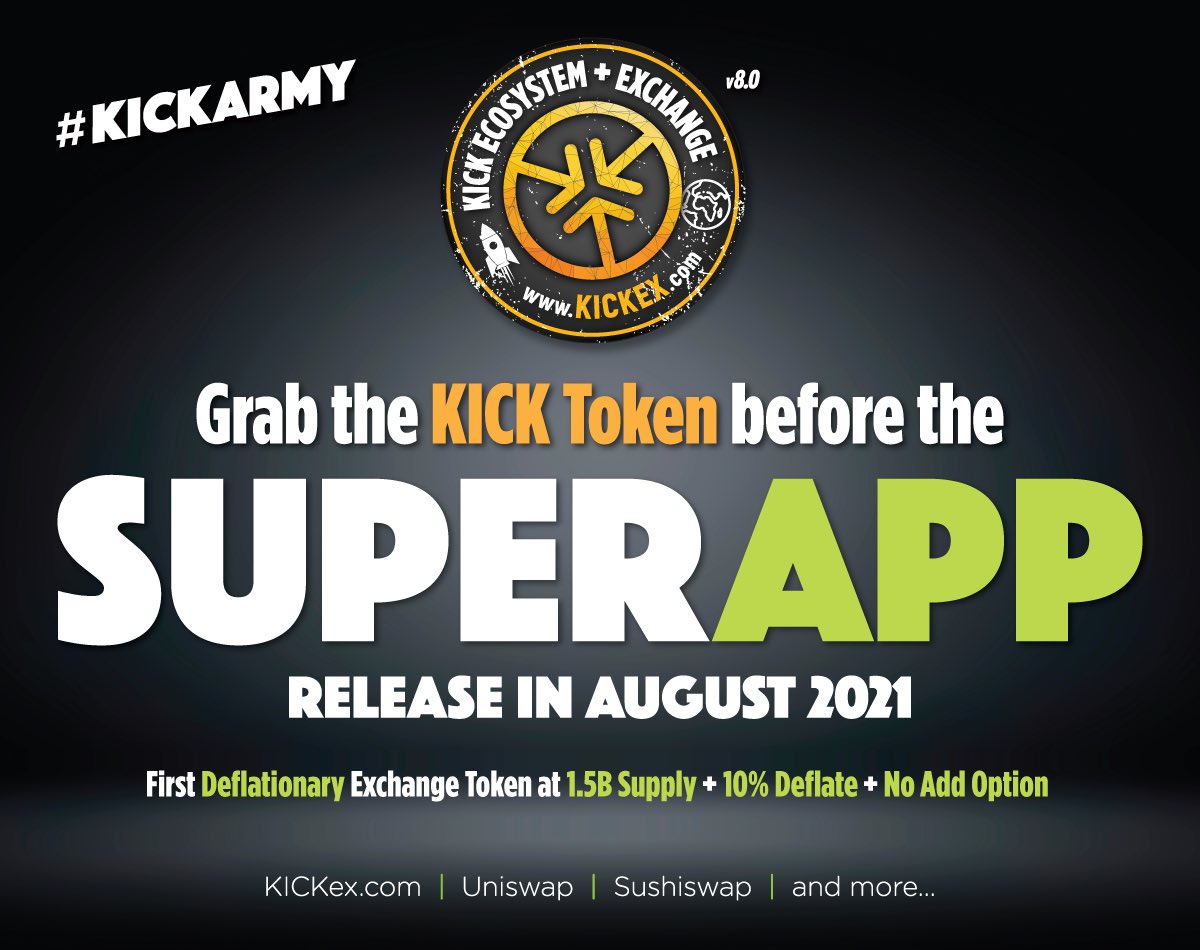 myBOXCREW2's tweet photo. What cryptocurrency do you want to see listed next on the $KICK Exchange? Super App is expected in August.

#KICKARMY $LTN $JIND #X2P $SFMS $BTC #MOONSTAR $HODL #SAFEMOON $ETH $RISE $SPORE #SHIBAPUP $COCO $DOGE $TITAN $SHIB $MATIC $ICP $PEKC #BABYDOGE $XRP #ELONONE $SANSHU $TTN https://t.co/XDvDOSAlOY