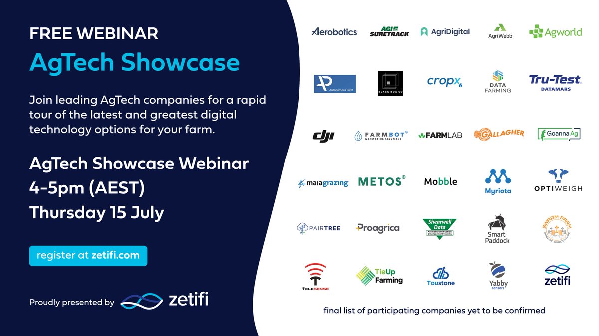 Please join Zetifi and other AgTech companies next Thursday 15 July for this exciting FREE WEBINAR which will introduce farmers to a wide range on-farm digital technology options.

AgTech Showcase Webinar - 4-5pm, Thursday 15 July

Registration 👉 zetifi.com