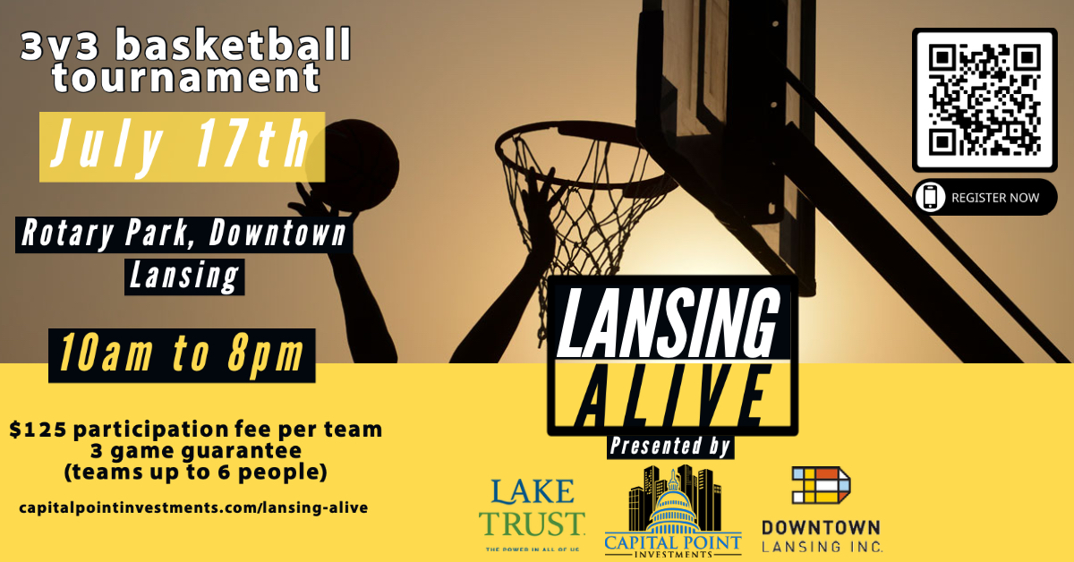 CapitalPointIn1's tweet image. Grab 2-5 more friends and signup for the #LansingAlive 3v3 basketball tournament on July 17th in Downtown Lansing just off Rotary Park!
QR code to signup below.
#LoveLansing
#CapitalCity
