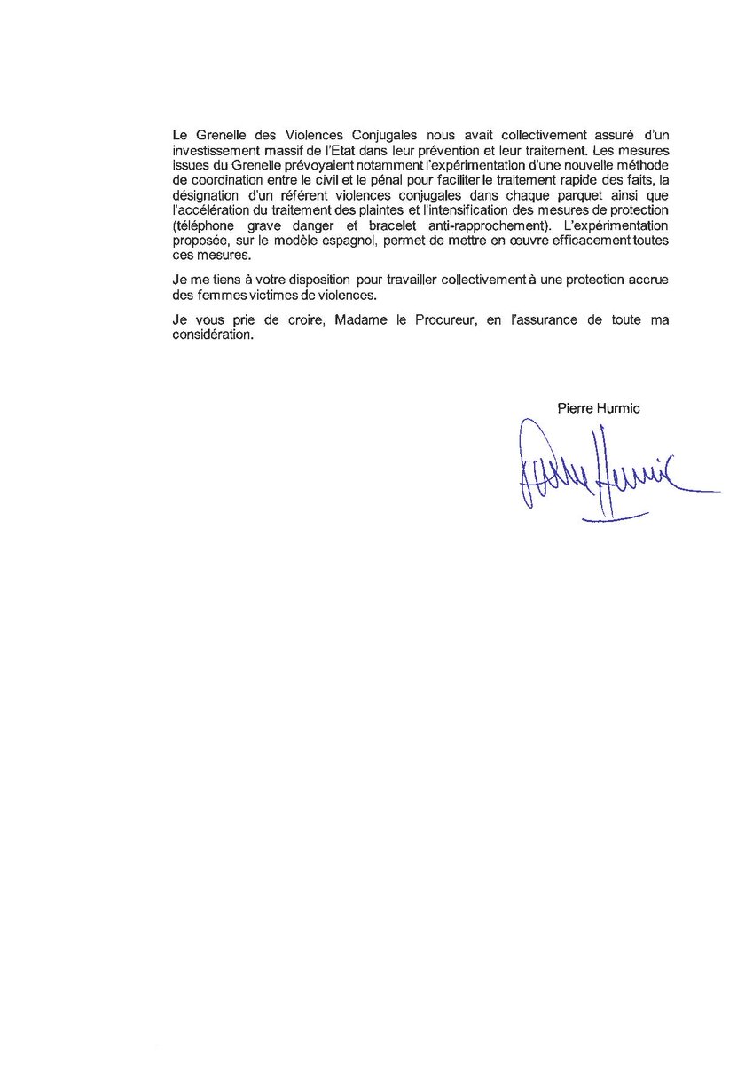 Suite au meurtre de Sandra Pla, j'ai écrit ce jour à la Procureure de la République pour proposer l’expérimentation d’un service spécifique dédié au traitement des plaintes pour violences conjugales, correspondant aux intentions du Grenelle des Violences faites aux Femmes de 2019