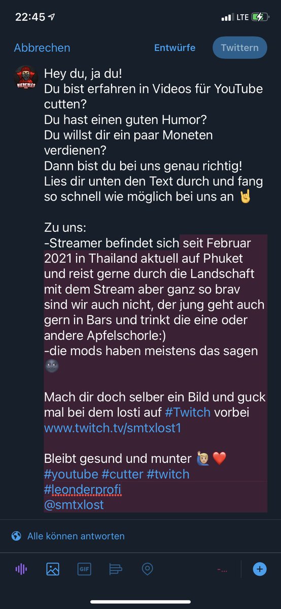 bierkules1896's tweet photo. Hey du, ja du!
Du bist auf der suche nach einer neuen Herausforderung? Wenn du Youtube Videos cutten kannst nimm dir doch mal 2 min Zeit und lies dir den Text durch 🙋🏼‍♂️
Stream: https://t.co/RE5JRzl3I0
Streamer: @smtxlost 
Tags: #twitch #cuttergesucht #cutter 
#youtube #thailand https://t.co/yjTgG1oCwo