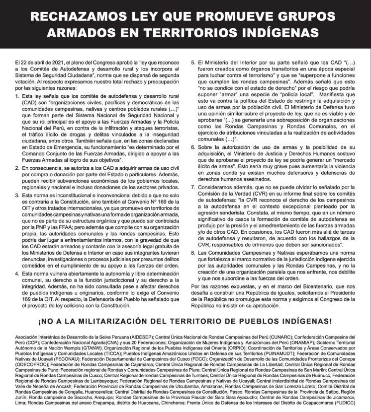 🔴HOY a las 6 PM la comisión de Defensa del <a href="/congresoperu/">Congreso del Perú 🇵🇪</a> verá la insistencia de la ley sobre Comités de Autodefensa. Los pueblos indígenas exigen NO MILITARIZAR sus territorios y rechazan esa propuesta de Ley. 
 #NoALaMilitarización #NoLeyCADS