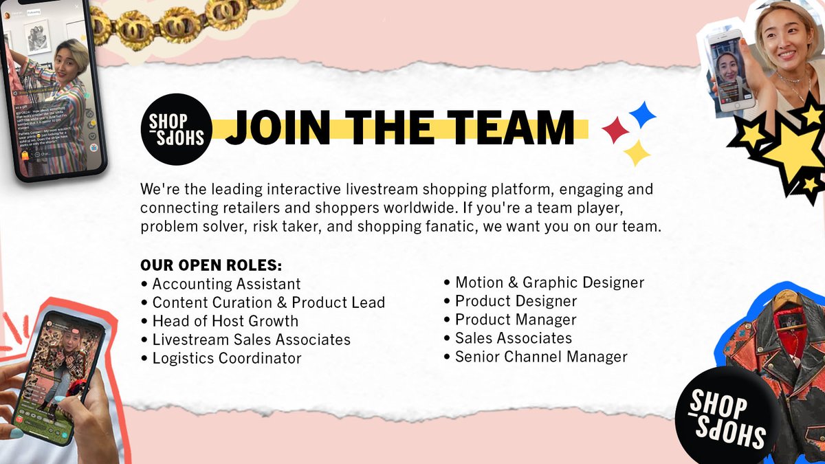 Come join the ShopShops team! We're looking for creative and talented new members of our team in NYC and beyond. Share this with someone you think would be perfect for one of these roles or apply for yourself here: shopshops.live/careers/ 
#hiring #nowrecruiting