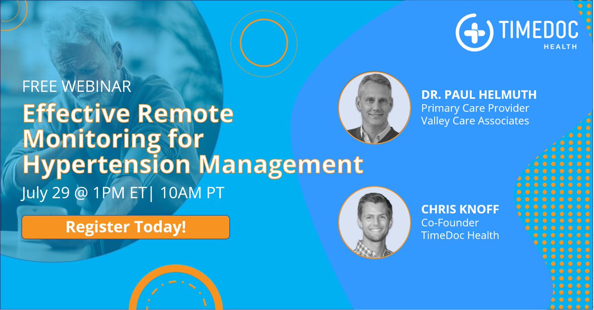 TimeDoc Health (@timedochealth) on Twitter photo Join us on Thursday, July 29, for a webinar examining how RPM solutions can be successful avenues in treating hypertension. Register here. 
hubs.la/H0RHR7h0 Join us on Thursday, July 29, for a webinar examining how RPM solutions can be successful avenues in treating hypertension. Register here. 
hubs.la/H0RHR7h0