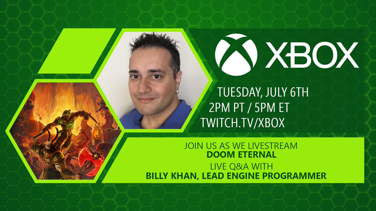 🎮Come hang w/ <a href="/Xbox/">Xbox</a> as they chat with <a href="/idSoftware/">id Software</a> 's Lead Engine Programmer Billy Khan live about DOOM Eternal’s newly-released Next-Gen update!

📺twitch.tv/Xbox