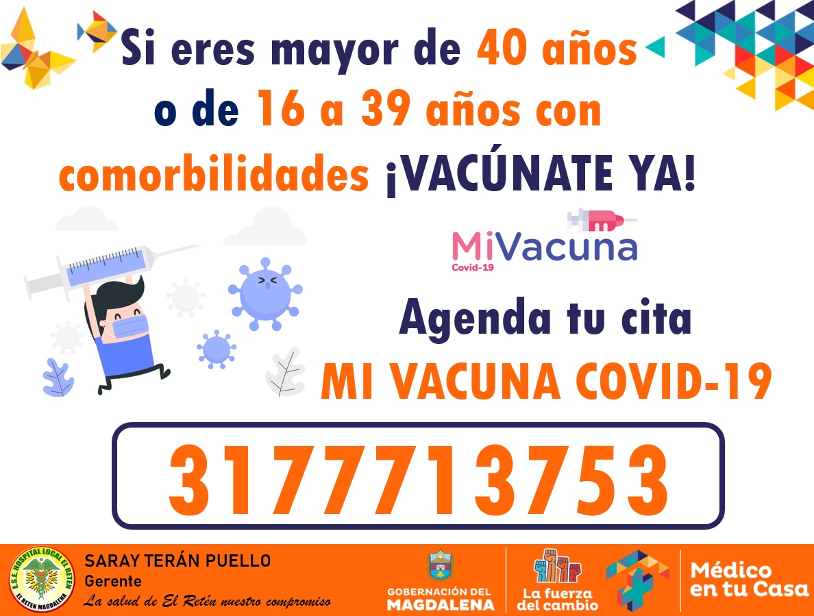 HospitalElReten's tweet photo. La ESE Hospital Local El Retén, continúa su proceso de vacunación contra el COVID-19 para mayores de 40 años o población de 16 a 39 años que posean alguna comorbilidad.
Acérquese a nuestras instalaciones con su documentos de identidad y así salvaguardaremos sus vidas. https://t.co/HwHE1awgnh