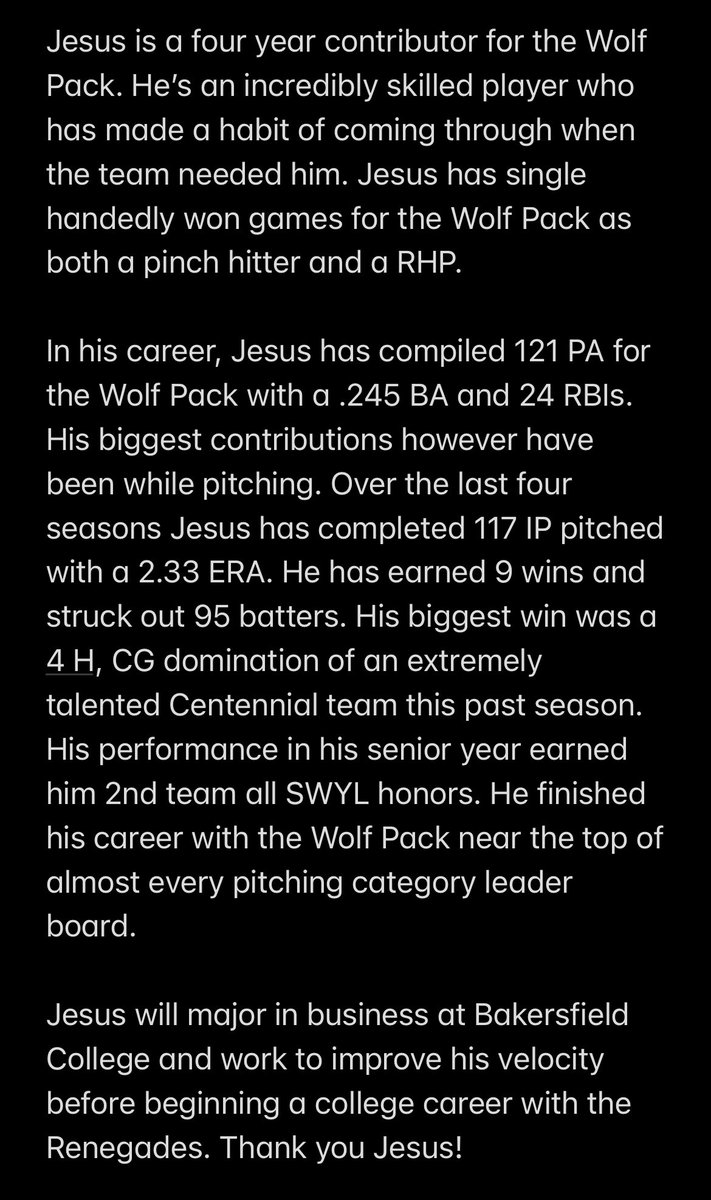 Rhspackbaseball's tweet photo. Ridgeview Wolf Pack Baseball would like to thank State Champion and 2021 Graduate 3B/RHP Jesus Villalobos! https://t.co/Dbw1wtP6sS