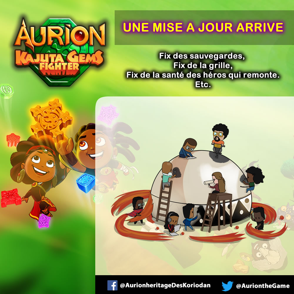 ANNONCE #AurionKGF 

Toute l'équipe de Kiroo travaille pour fournir on espère cette fin de semaine une MAJ pour votre jeu préféré.

Nous avons bien évolué grâce à vos feedbacks, mais on veut pousser les tests internes au max avant de vous la fournir.

RT aux autres Aurioniques