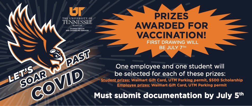 To all our students, faculty, and staff members: #WeCanDoThis. We can keep each other safe by taking the #COVIDCollegeChallenge pledge, committing to action, and getting the COVID-19 vaccine.
Employees enter at utm.edu/drawing
Students enter at utm.edu/departments/sh…