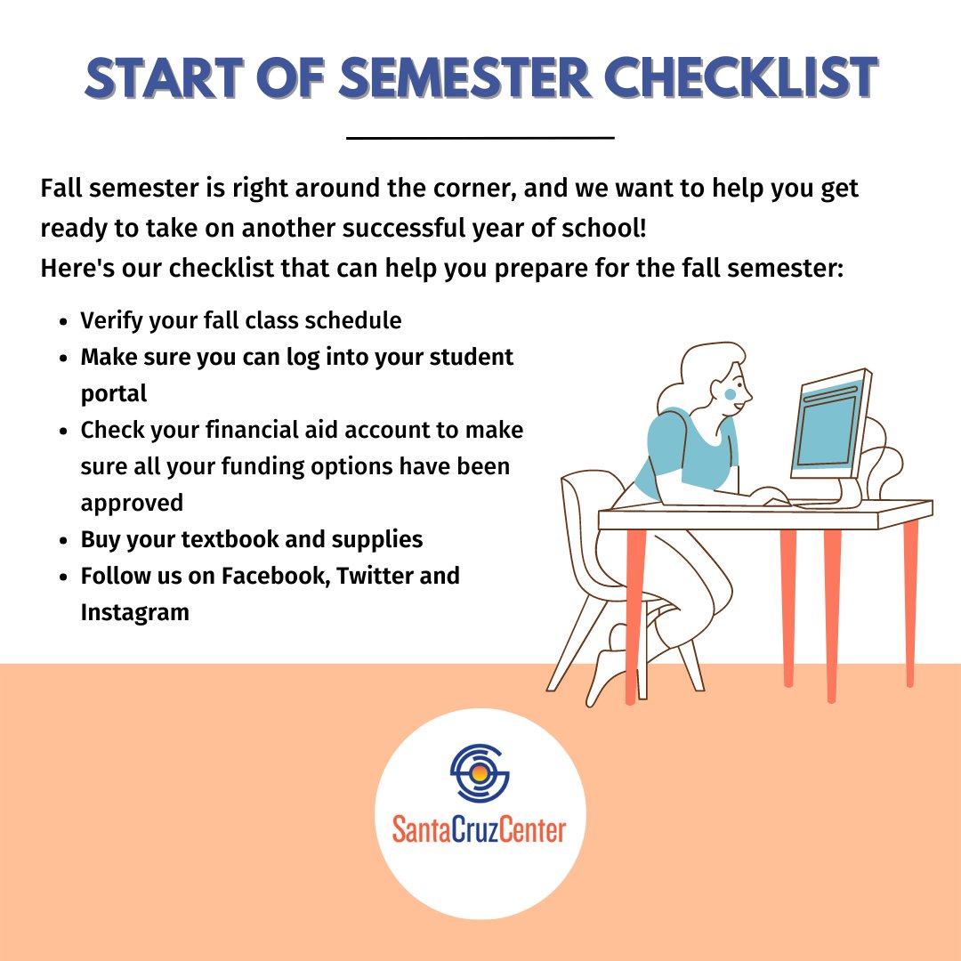 SantaCenter's tweet photo. Fall semester is right around the corner, and we want to help you get ready to take on another successful year of school! π©π»βπ» Here's our checklist that can help you prepare for the fall semester. β‘οΈ Have questions? Email us info@santacruzcenter.org.
#LearnAtSantaCruz #NogalesAZ https://t.co/JSXSNwkOle