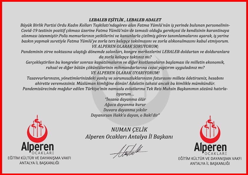 AlprnOcklrAnt's tweet photo. Lüzümuna binaen ... 
 
 Büyük Birlik Partimizin Ordu Kadın Kolları İl Başkanı Fatma Yumlu Hanım Efendiye karşı yapılan polis muamelesine hitaben, Antalya Alperen Ocakları İl Başkanımız Numan Çelik açıklamalar da bulundu..

@Nmn__Clk 
@alperenocaklarivakfi https://t.co/DOI0R0193Y