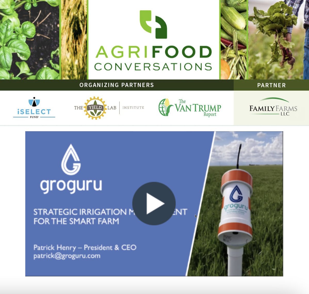 GroGuru (@mygroguru) on Twitter photo Watch a great interview with GroGuru CEO Patrick Henry on 'Sustainable Irrigation Management That Boosts Yield and Saves Water'. Brought to you by <a href="/iSelectFund/">iSelectFund</a> <a href="/KevinVanTrump/">Kevin Van Trump</a> <a href="/TheYieldLab_I/">Eleanora Terrnet</a> and <a href="/Family_Farms/">John Hoerner</a> lnkd.in/gyn7M6B #smartfarming #agtech #precisionagriculture Watch a great interview with GroGuru CEO Patrick Henry on 'Sustainable Irrigation Management That Boosts Yield and Saves Water'. Brought to you by <a href="/iSelectFund/">iSelectFund</a> <a href="/KevinVanTrump/">Kevin Van Trump</a> <a href="/TheYieldLab_I/">Eleanora Terrnet</a> and <a href="/Family_Farms/">John Hoerner</a> lnkd.in/gyn7M6B #smartfarming #agtech #precisionagriculture
