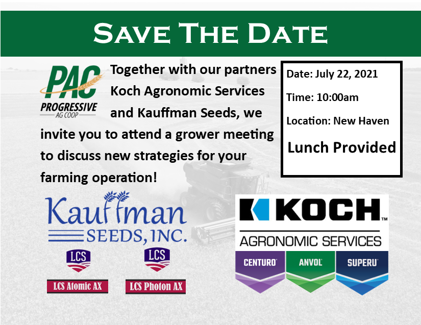 Together with our partners Koch Agronomic Services and Kauffman Seeds, we invite you to attend a grower meeting to discuss new strategies for your farming operation! The meeting will be held at 10:00am, July 22nd at our PAC New Haven location!