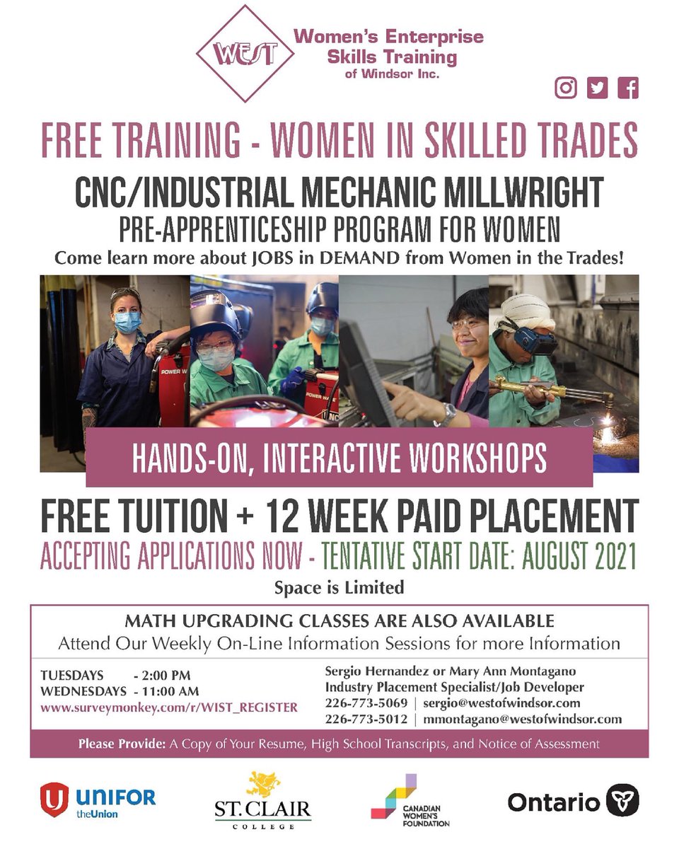 Hey Twitter friends, 

I hope you can help me. Please share this poster. 

<a href="/WESTofWindsor/">WEST Inc. of Windsor</a>- Women in Skilled Trades CNC/Industrial Mechanic Wrillwright program starts in August and it is a free opportunity for women in #Windsor-Essex #yqg.

Register: lnkd.in/eAqTJwD