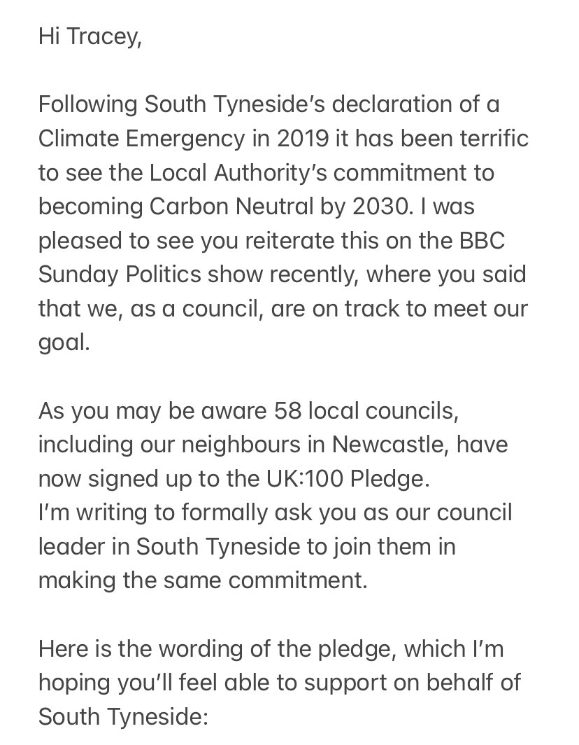 I’ve been in touch with @STyne_Council leader @traceyd9 to ask her to sign up to the UK100.org pledge to take ambitious action towards net zero carbon. 

#NetZeroEmissions #NetZero #AllYearRound #UK100 @UK100_ 

1/5