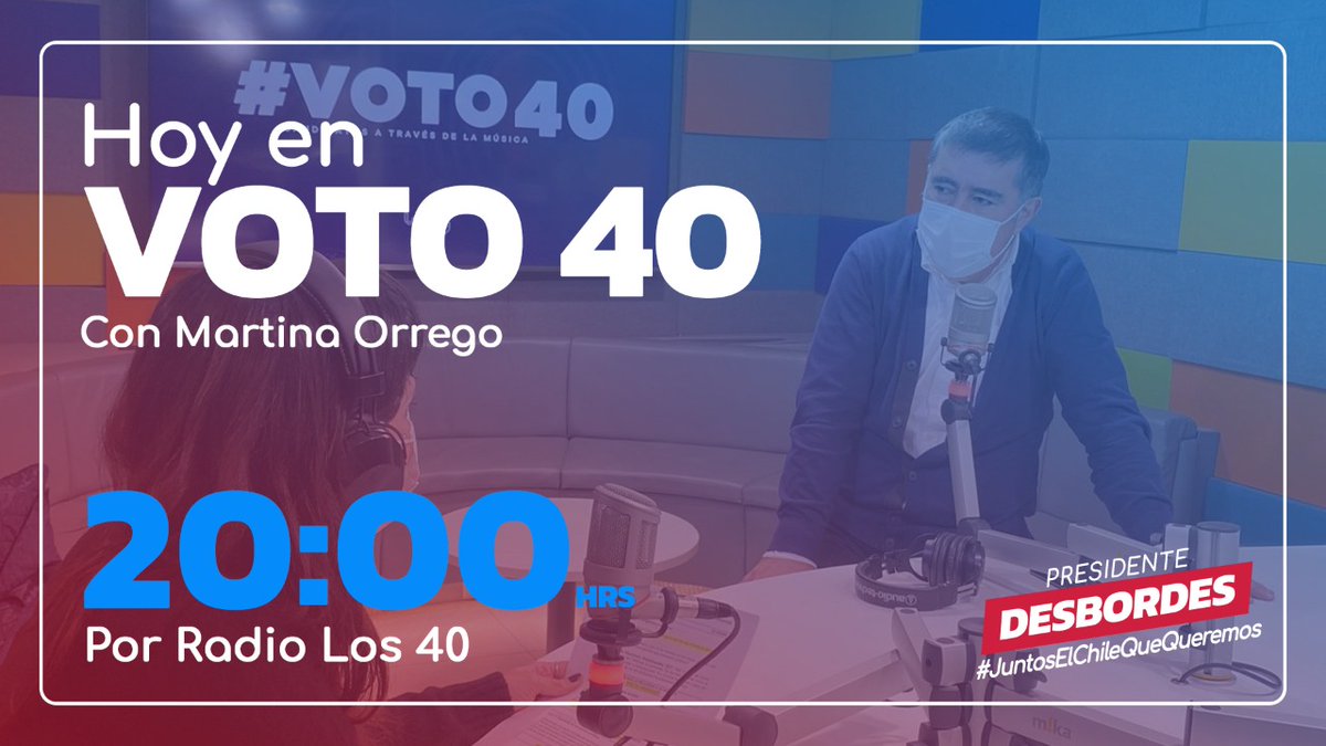 desbordes's tweet photo. 🔴 HOY | Los invito para que, desde las 20:00 horas, escuchen “VOTO 40” de Radio @40ChileOficial, donde hablaré de todo, desde mis proyectos presidenciales hasta mis gustos musicales.

Sigue el programa en vivo en: https://t.co/nOu0ZxLIhd https://t.co/XrQQufe9D6