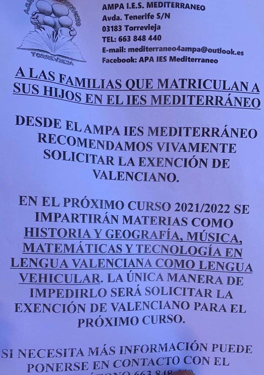 A Torrevella, l’AMPA vol carregar-se el valencià. Açò està passant ara mateixa i ningú no estem fent res per tal d’evitar-ho. Si ho aconsegueixen serà un pas enrere. DIFONGUEM-HO.