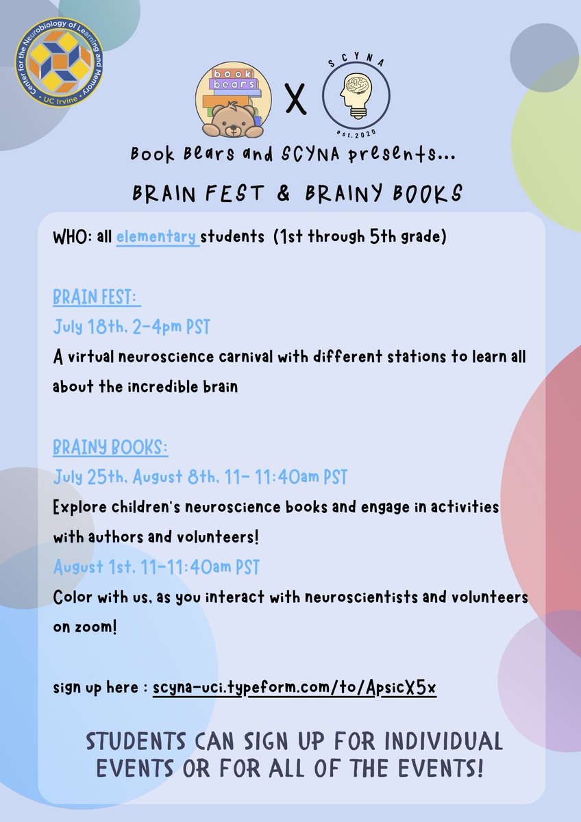 Know an elementary school student who is curious about the brain? <a href="/BookBears1/">Book Bears</a> &amp; <a href="/scyna_uci/">scyna🧠</a> (both Orange County orgs run by high school students) are collaborating on summer events to engage 1st-5th graders in neuroscience! 🧠📖 
Learn more &amp; register: cnlm.uci.edu/scyna/