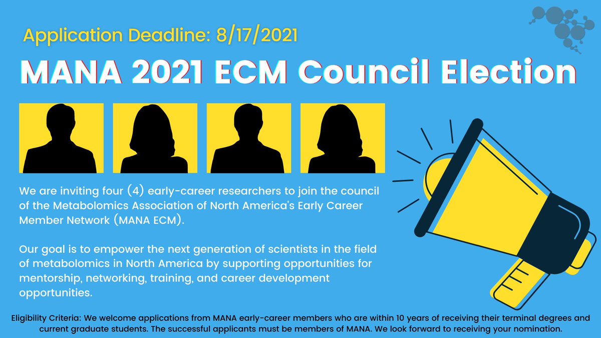 manaecm's tweet image. Are you interested in gaining leadership skills? Well now is your chance to apply to the ECM Council. The MANA 2021 ECM Council Election is open till 8/17. We are looking for 4 early-career researchers to join us! DM us for more information.