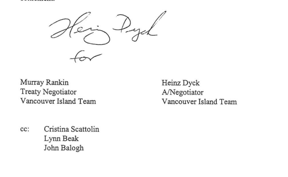 In 1998, when BC’s current Minister of Indigenous Relations was a treaty negotiator, he wrote an internal memo that proposed that federal $$ for residential school survivors be withheld as a “sweetener” for Indian Bands entering the BC Treaty Commission Process after Delgamuukw.