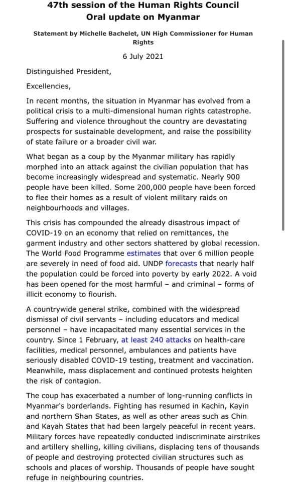 uscb's tweet photo. Statement from 47th session of the @UN_HRC, an update on #Burm

With 200,000 #idps &amp; nearly 900 civilian deaths, the situation calls for an immediate end to military violence and regime! 

Click on the link to read the original statement from #OHCHR

https://t.co/SP3yI2rDd5 https://t.co/G8uJgokrMc