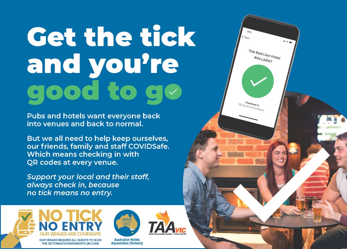 Want to know how to do your part to support your local and their staff?
Remember to always Check in because no tick means no entry.

ahavic.com.au/no-tick-no-ent…