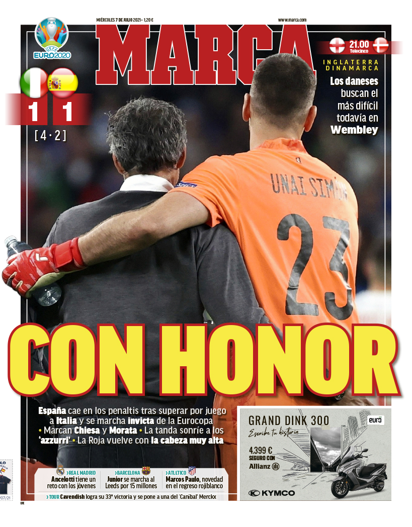 marca's tweet photo. #LaPortada 🗞️ Con honor 🇪🇸 https://t.co/BfM9UMrcrn
