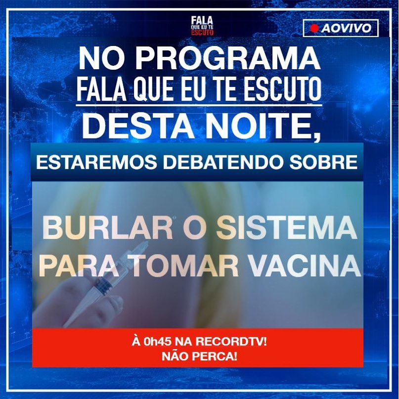 programafqte's tweet photo. #logomais
#Falaqueeuteescuto
#Recordtv
#Burlarosistemaparatomarvacina https://t.co/NCpizOz2vw