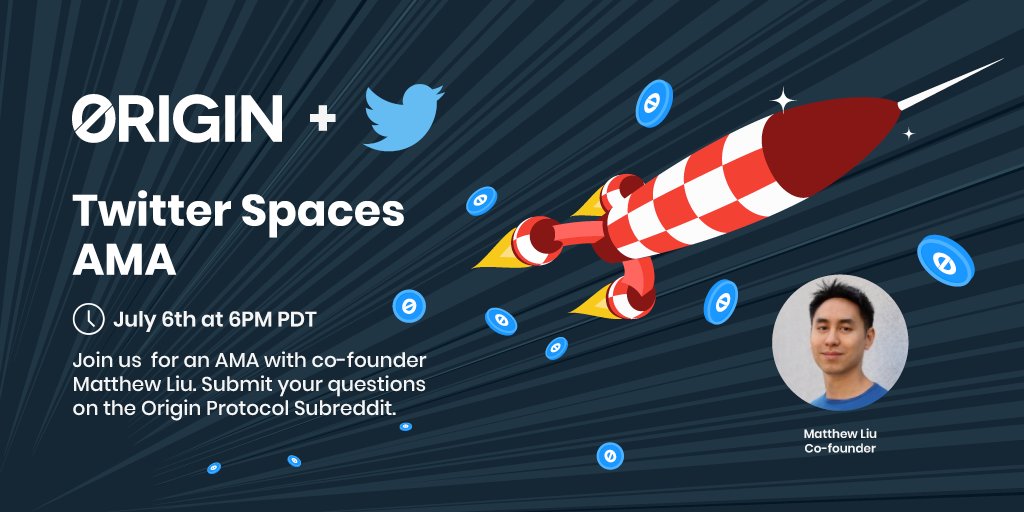 OriginProtocol's tweet photo. Less than two hours to go until Origin Co-Founder @matthewliu kicks-off our first #TwitterSpaces community AMA by answering your questions from the r/originprotocol subreddit. Don't miss out!

Sign up and join us for the event on Twitter: https://t.co/2E88otSlL0 https://t.co/BTJrqtYtJk